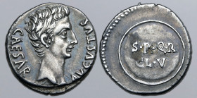Augustus AR Denarius. Uncertain Spanish mint (Colonia Caesaraugusta?), 19-18 BC. CAESAR AVGVSTVS, bare head to right / S•P•Q•R CL•V in two lines on ro...