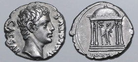 Augustus AR Denarius. Colonia Patricia, 19 BC. CAESAR AVGVSTVS, bare head to right / Mars within domed temple of four columns, holding aquila and trop...
