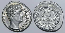 Augustus AR Denarius. Uncertain Spanish mint (Colonia Patricia?), 19 BC. CAESAR AVGVSTVS, bare head to right / OB CIVIS SERVATOS in three lines within...