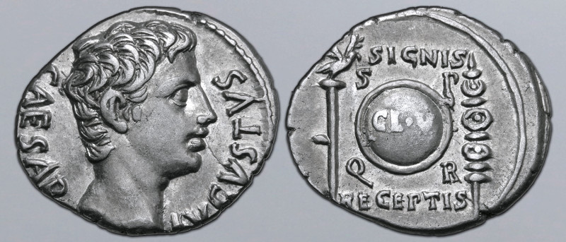 Augustus AR Denarius. Colonia Patricia(?), 19 BC. CAESAR AVGVSTVS, bare head to ...