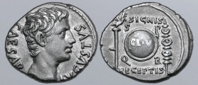 Augustus AR Denarius. Colonia Patricia(?), 19 BC. CAESAR AVGVSTVS, bare head to right / Round shield inscribed [CL•V], aquila and signum flanking; SIG...