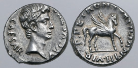 Augustus AR Denarius. Rome, 19-18 BC. P. Petronius Turpilianus, moneyer. CAESAR AVGVSTVS, bare head to right / P•PETRON•TVRPILIAN•III•VIR, Pegasus sta...