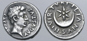 Augustus AR Denarius. Rome, 19/18 BC. P. Petronius Turpilianus, moneyer. CAESAR AVGVSTVS, bare head to right / TVRPILIANVS•III•VIR•, six-rayed star ab...