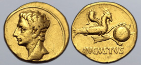 Augustus AR Aureus. Colonia Patricia(?), 18-17 BC. Bare head to left / Capricorn to right, holding globe with attached rudder, cornucopiae above; AVGV...