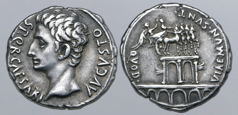 Augustus AR Denarius. Spanish (Tarraco?) mint, 17-16 BC. S • P • Q • R • CAESARI...
