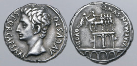 Augustus AR Denarius. Spanish (Tarraco?) mint, 17-16 BC. S • P • Q • R • CAESARI AVGVSTO, bare head to left / QVOD • VIAE • MVN • SVNT •, double trium...