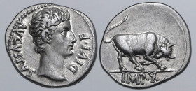 Augustus AR Denarius. Lugdunum, 15-13 BC. AVGVSTVS DIVI•F, bare head to right / Bull butting to right; IMP•X in exergue. RIC I 167a; BMCRE 451; Lyon 1...