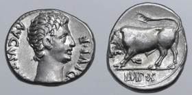Augustus AR Denarius. Lugdunum, 15-13 BC. AVGVSTVS DIVI F, bare head to right / Bull butting to left; IMP X in exergue. RIC I 169; BMCRE 458; RSC 141....