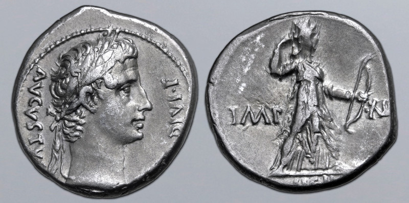 Augustus AR Denarius. Lugdunum, 10 BC. AVGVSTVS DIVI F, laureate head to right /...