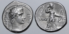 Augustus AR Denarius. Lugdunum, 10 BC. AVGVSTVS DIVI F, laureate head to right / Diana Venatrix, wearing long hunting tunic and low polos on head, adv...
