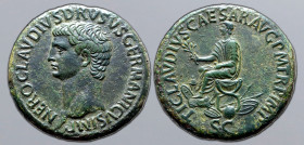 Nero Claudius Drusus (father of Claudius) Æ Sestertius. Rome, AD 41-50. NERO CLAVDIVS DRVSVS GERMANICVS IMP, bare head to left / TI CLAVDIVS CAESAR AV...