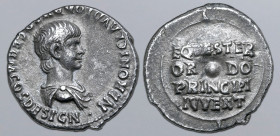 Nero, as Caesar, AR Denarius. Rome, AD 51-54. NERONI CLAVDIO [DRVSO] GERM COS DESIGN, bare-headed and draped bust to right / EQVESTER OR-DO PRINCIPI I...