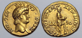 Nero AV Aureus. Lugdunum, AD 62-63. NERO CAESAR AVG IMP, bare head to right / PONTIF MAX TR P VIII COS III P P, Roma standing to right, foot on helmet...
