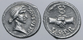 Civil War AR Denarius. Uncertain mint in Spain, AD 68-69. BON EVENT, diademed head of female to right / PACI P R, clasped hands holding winged caduceu...