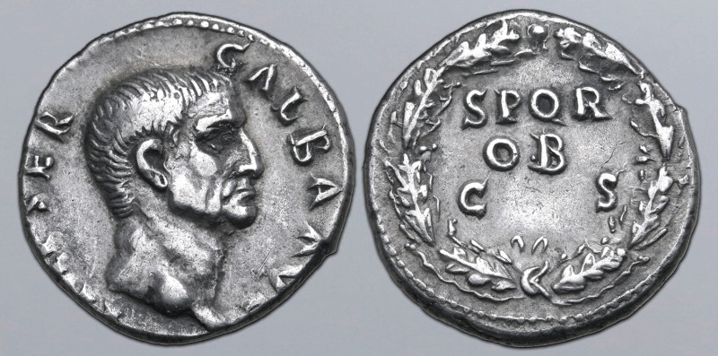 Galba AR Denarius. Rome, AD 68-69. IMP SER GALBA AVG, bare head to right / S P Q...