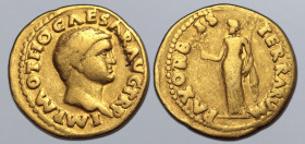 Otho AV Aureus. Rome, AD 69. IMP M OTHO CAESAR AVG TR P, bare head to right / PAX ORBIS TERRARVM, Pax standing facing, head to left, holding olive bra...