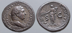 Vitellius Æ Sestertius. Rome, AD 69. A VITELLIVS GERMANICVS IMP AVG P M TR P, laureate and draped bust to right / PAX AVGVSTI, Pax standing facing, he...