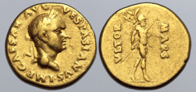 Vespasian AV Aureus. Tarraco(?), AD 69-70. IMP CAESAR AVG VESPASIANVS, laureate head to right / Mars advancing to right, holding spear and trophy; VLT...