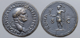 Vespasian Æ Sestertius. Rome, AD 71. IMP CAES VESPAS AVG P M TR P P P COS III, laureate head to right / ROMA, Roma standing to left, holding Victory a...