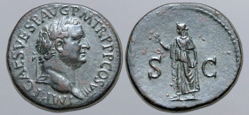 Titus Æ Sestertius. Rome, AD 80-81. IMP T CAES VESP AVG P M TR P P P COS VIII, laureate head to right / Spes walking to left, holding flower and raisi...