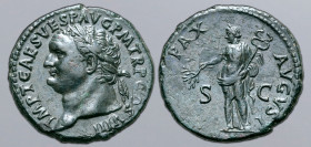 Titus Æ As. Rome, AD 80-81. IMP T CAES VESP AVG P M TR P COS VIII, laureate head to left / PAX AVGVST, Pax standing to left, holding branch and winged...