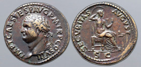 Titus Æ As. Rome, AD 80-81. IMP T CAES VESP AVG P M TR P COS VIII, laureate head to left / SECVRITAS AVGVST, Securitas seated to right before garlande...