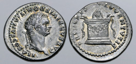 Domitian, as Caesar, AR Denarius. Rome, AD 80-81. CAESAR DIVI F DOMITIANVS COS VII, laureate head to right / PRINCEPS IVVENTVTIS, garlanded and lit al...