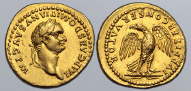 Domitian AV Aureus. Rome, AD 82-83. IMP CAES DOMITIANVS AVG P M, laureate head right / IVPPITER CONSERVATOR, eagle, with spread wings and head left, s...