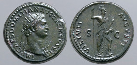 Domitian Æ Dupondius. Rome, AD 85. IMP CAES DOMITIAN AVG GERM COS XI, radiate head to right, aegis on far shoulder / VIRTVTI AVGVSTI, Virtus standing ...