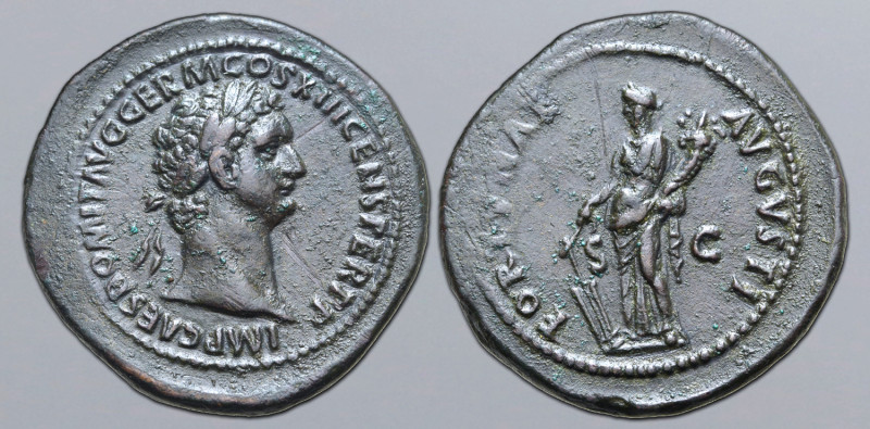 Domitian Æ As. Rome, AD 87. IMP CAES DOMIT AVG GERM COS XIII CENS PER P P, laure...