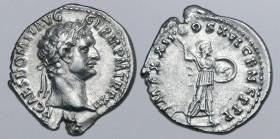 Domitian AR Denarius. Rome, AD 91. [IM]P CAES DOMIT AVG GERM P M TR P III, laureate head to right / IMP XXII COS XVI CENS P P P, Minerva advancing to ...