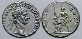 Trajan Æ Dupondius. Rome, AD 98-99. IMP CAES NERVA TRAIAN AVG GERM P M, radiate head to right / TR POT COS II, Abundantia seated to left on chair form...
