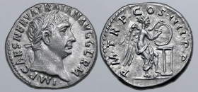 Trajan AR Denarius. Rome, AD 101-102. IMP CAES NERVA TRAIAN AVG GERM, laureate head to right / P M TR P COS IIII P P, Victory standing to right, foot ...
