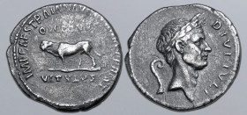 Trajan AR Denarius. Restoration issue of Julius Caesar. Rome, AD 105. IMP CAES TRAIAN AV[G GER DAC] P P REST bull-calf standing to left; Q VOCONIVS ab...