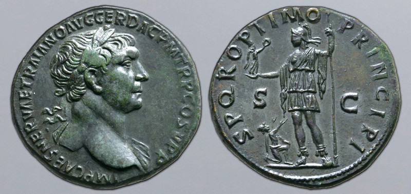 Trajan Æ Sestertius. Rome, AD 106-107. IMP CAES NERVAE TRAIANO AVG GER DAC P M T...