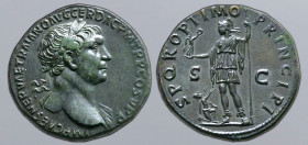 Trajan Æ Sestertius. Rome, AD 106-107. IMP CAES NERVAE TRAIANO AVG GER DAC P M TR P COS V P P, laureate head to right, drapery on far shoulder / S P Q...
