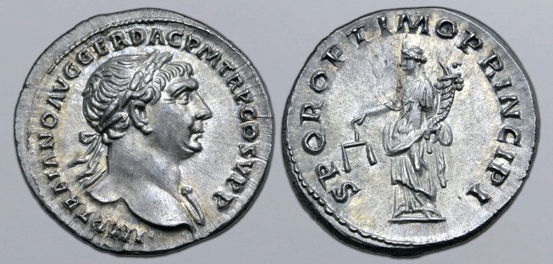 Trajan AR Denarius. Rome, AD 107. IMP TRAIANO AVG GER DAC P M TR P COS V P P, la...