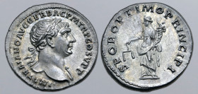 Trajan AR Denarius. Rome, AD 107. IMP TRAIANO AVG GER DAC P M TR P COS V P P, laureate bust to right, slight drapery on far shoulder / S P Q R OPTIMO ...