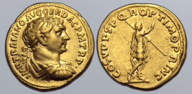 Trajan AV Aureus. Rome, AD 108-110. IMP TRAIANO AVG GER DAC P M TR P •, laureate, draped and cuirassed bust to right / COS V P P S P Q R OPTIMO PRINC,...