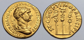 Trajan AV Aureus. Rome, AD 113-114. • IMP • TRAIANO AVG GER DAC P M TR P COS VI P P, laureate, draped and cuirassed bust to right / S • P • Q • R • OP...
