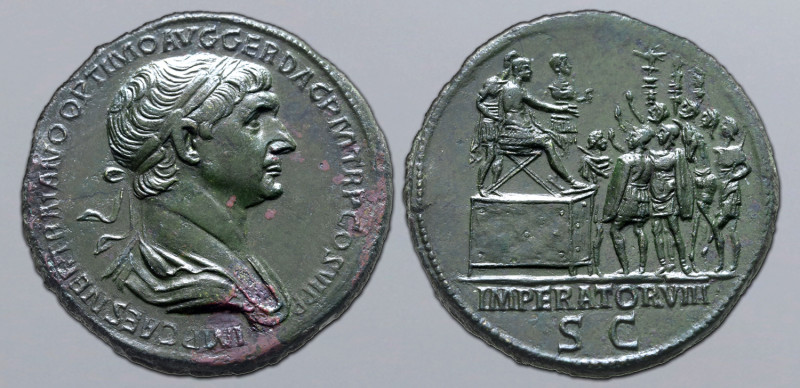 Trajan Æ Sestertius. Rome, AD 114-116. IMP CAES NER TRAIANO OPTIMO AVG GER DAC P...