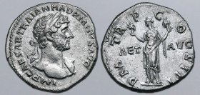 Hadrian AR Denarius. Rome, AD 119-120. IMP CAESAR TRAIAN HADRIANVS AVG, laureate heroic bust to right, drapery on far shoulder / P M TR P COS III, Aet...