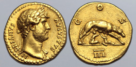 Hadrian AV Aureus. Rome, AD 124-125. HADRIANVS AVGVSTVS, laureate bust to right, slight drapery on far shoulder / COS, she-wolf standing to right, suc...