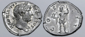 Hadrian AR Denarius. Rome, AD 124-125. HADRIANVS AVGVSTVS, laureate bust to right, slight drapery on far shoulder / COS III, Roma standing facing, hea...