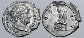 Hadrian AR Denarius. Rome, AD 126-127. HADRIANVS AVGVSTVS, laureate bust to right, slight drapery on far shoulder / COS III, Pudicitia, veiled and dra...