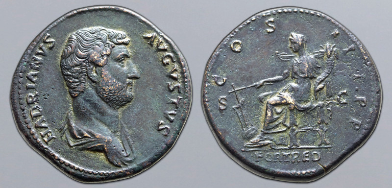 Hadrian Æ Sestertius. Rome, AD 129-130. HADRIANVS AVGVSTVS, bare-headed and drap...