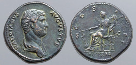 Hadrian Æ Sestertius. Rome, AD 129-130. HADRIANVS AVGVSTVS, bare-headed and draped bust to right / COS III P P, Fortuna seated to left, holding rudder...