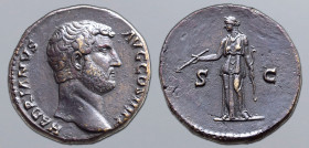 Hadrian Æ Sestertius. Rome, AD 137-138. HADRIANVS AVG COS III P P, bare head to right / Diana standing facing, head to left, holding bow and arrow; S-...