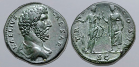 Aelius (adopted son of Hadrian), as Caesar, Æ Sestertius. Rome, AD 136-138. L AELIVS CAESAR, bare-headed and draped bust to right / TR [POT] COS II, F...