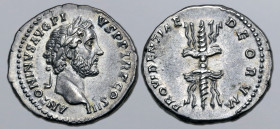 Antoninus Pius AR Denarius. Rome, AD 140-143. ANTONINVS AVG PIVS P P TR P COS III, laureate head to right / PROVIDENTIAE DEORVM, winged thunderbolt. R...